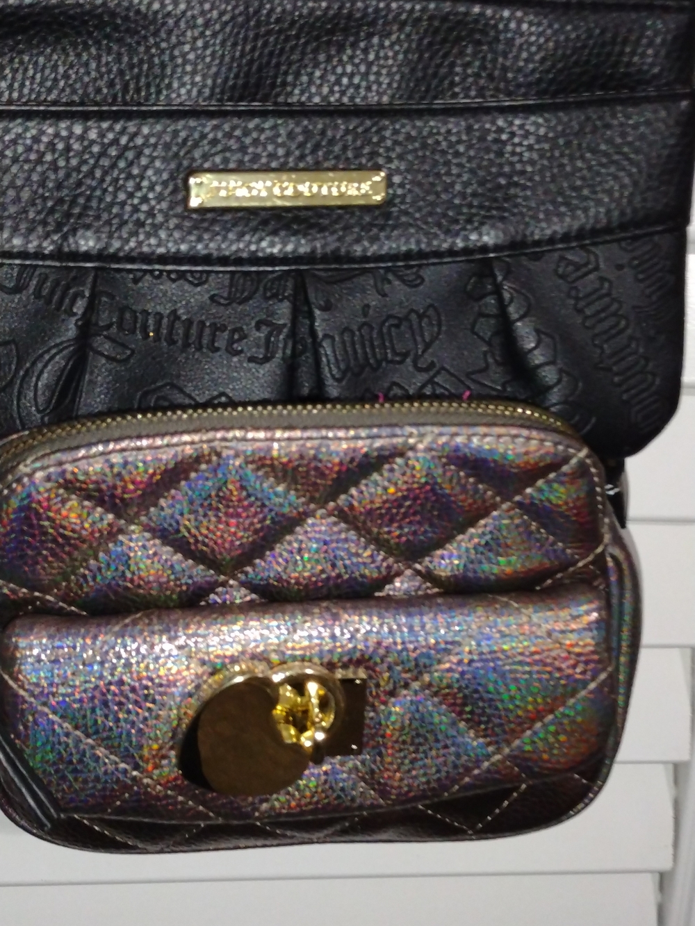 2 Pieces Juicy Couture Iridescent Crossbody Quilted Front Pouch/Black wristlet